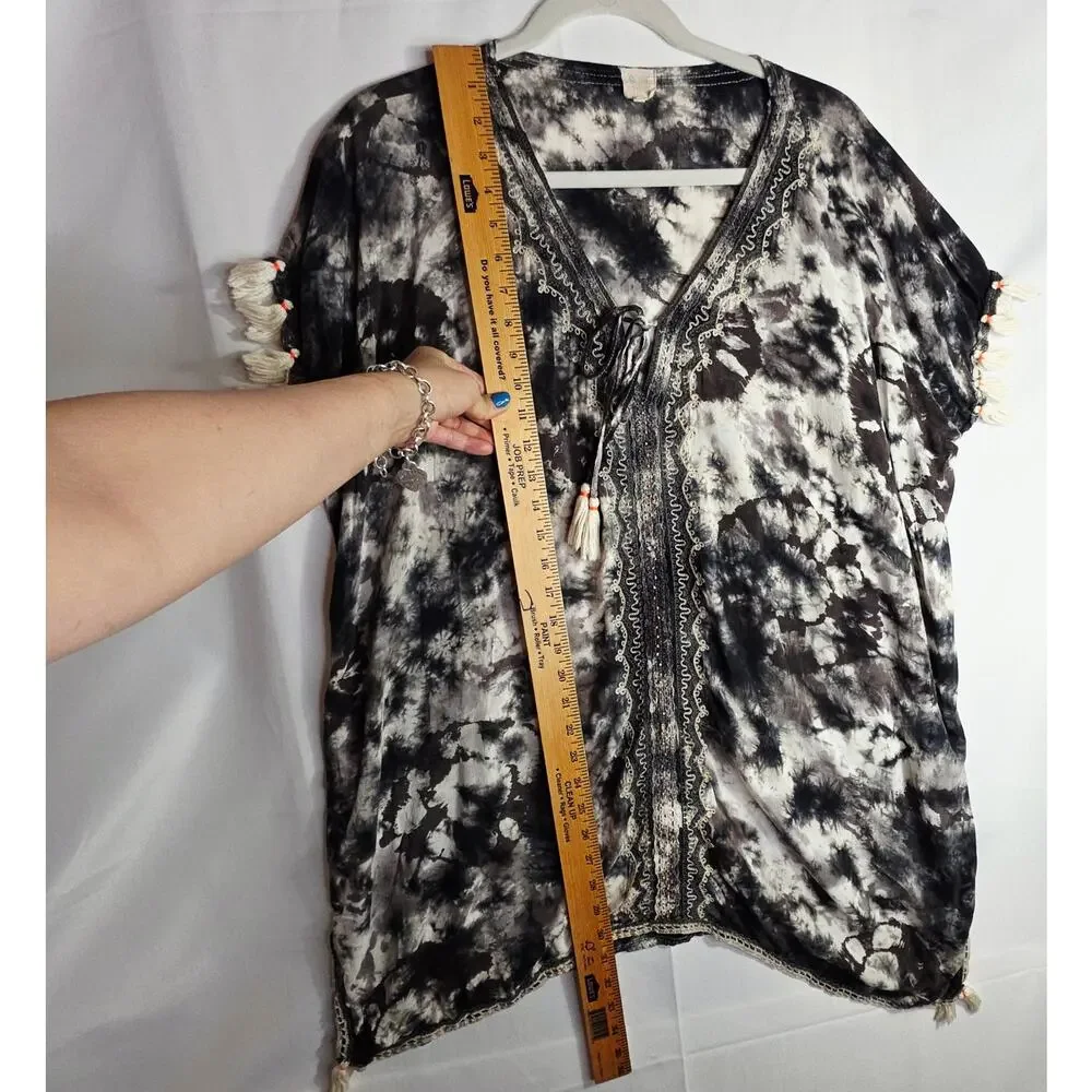 Surf Gypsy Sm TieDyed‎ gray n white Swimcover with Tassels n Beads. Sexy Hippie